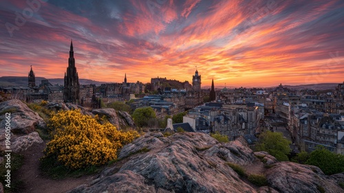 Breathtaking sunset over edinburgh skyline from calton hill