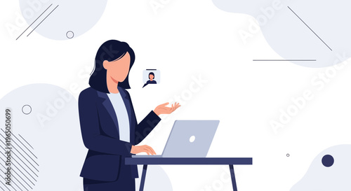 Businesswoman working on laptop during online meeting with colleague, remote work concept