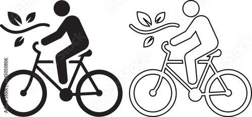 Minimalist vector illustration of a person riding a bicycle with leaves representing eco-friendly travel, green transportation, and sustainable healthy lifestyle in silhouette and line art.