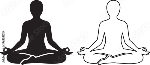 Minimalist vector illustration of a person in yoga lotus position available in solid black silhouette and line art styles for meditation wellness and spiritual health concepts.