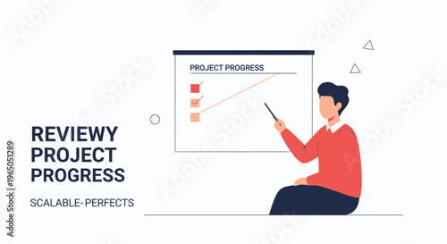 Man presenting project progress report on a whiteboard with charts and checklist