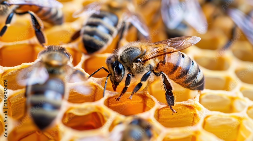 Naklejka premium Close-up of Bees Collecting Nectar on Honeycomb Cells in a Natural Beehive Setting