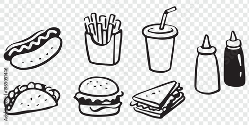 Classic fast food items illustrated in black and white line art Vector, illustration