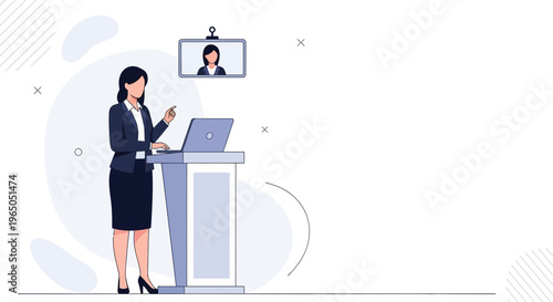 Businesswoman presenting online via laptop and screen, standing at podium