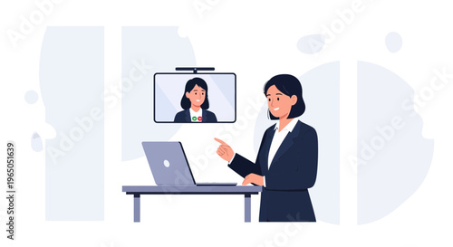 Businesswoman in video conference call on laptop, pointing finger, professional meeting