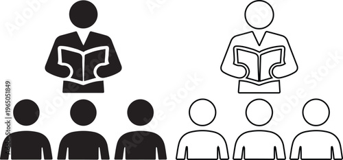 teacher reading a book to a group of students in silhouette and line art styles, ideal for education, storytelling, school library, and literacy concepts.