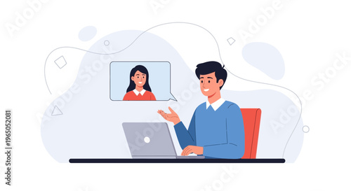 Man video conferencing with woman on laptop, online communication, remote work concept