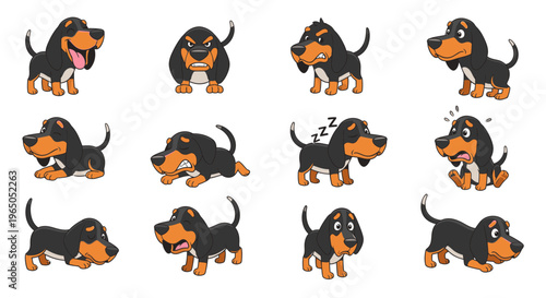 Cartoon Black and Tan Coonhound dog showing various emotions and actions  