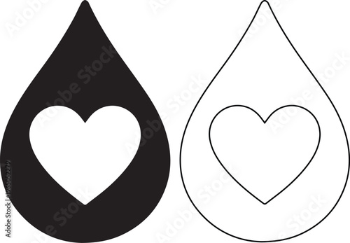 heart inside a water droplet, available in solid black and line art styles, symbolizing blood donation, love for water, life, and healthcare wellness.