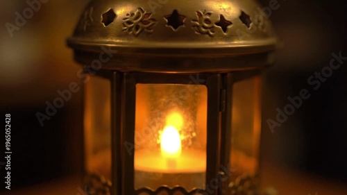 Brass Lantern Glowing Softly Close Up Vintage Light Source