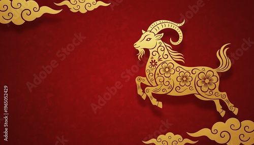 luxury red and gold chinese horse new year background, The goat is adorned with intricate golden patterns. a dynamic pose against a vibrant red background. Chinese Lunar New Year (Year of the Goat 202