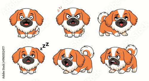Cartoon Pekingese dog showing different emotions and actions