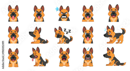 German Shepherd dog emojis displaying various emotions and actions  