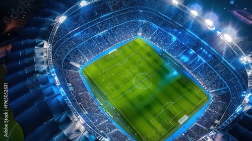 Aerial View of a Vibrant Soccer Stadium Filled with Enthusiastic Fans During an Exciting Night Match Under Bright Floodlights