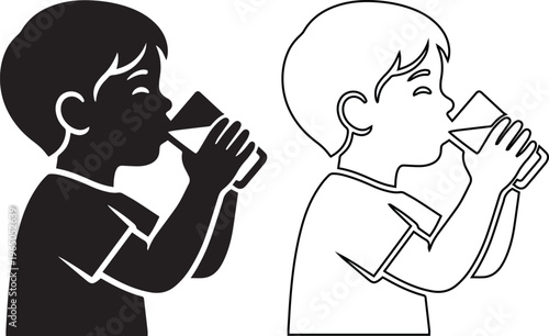 Vector illustration of a young boy drinking a glass of water or milk, shown in black silhouette and line art styles to represent childhood health, hydration, and daily nutrition habits.