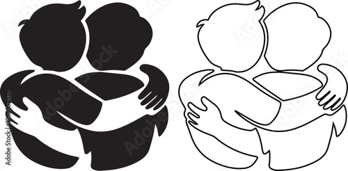 two people hugging in silhouette and line art styles, symbolizing friendship, support, emotional connection, and brotherhood for conceptual design.