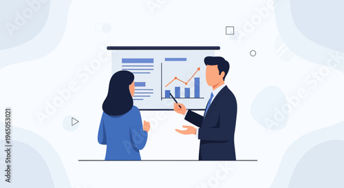 Business meeting: man presenting financial chart on whiteboard to woman