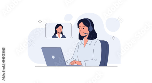Customer service agent with headset on video call, working on laptop, online communication