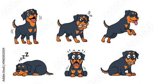 Rottweiler dog expressing various emotions and actions in cartoon style  
