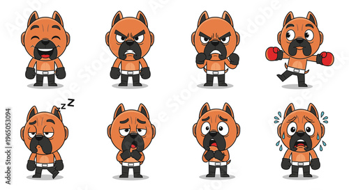Cartoon boxer dog character expressing various emotions and actions  