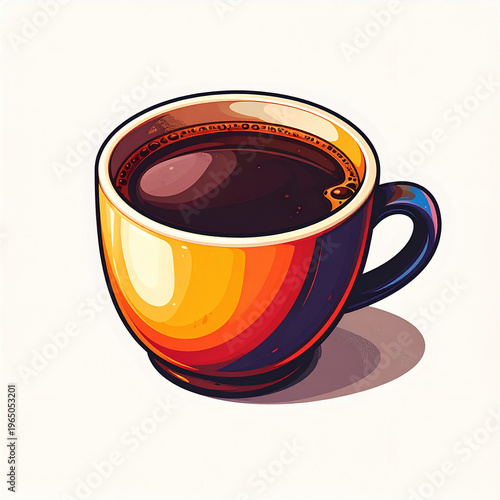 A vibrant, stylized illustration of a steaming cup of hot, dark coffee, perfect for morning rituals or a cozy break