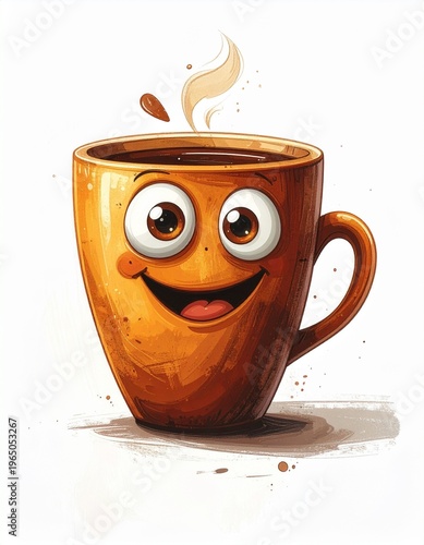 A charming and vibrant watercolor illustration of a happy, steaming coffee mug character with big, friendly eyes and a cheerful smile, exuding warmth and delightful energy for a positive start