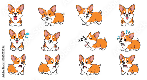 Cartoon Welsh Corgi showing various emotions and actions in illustrations  