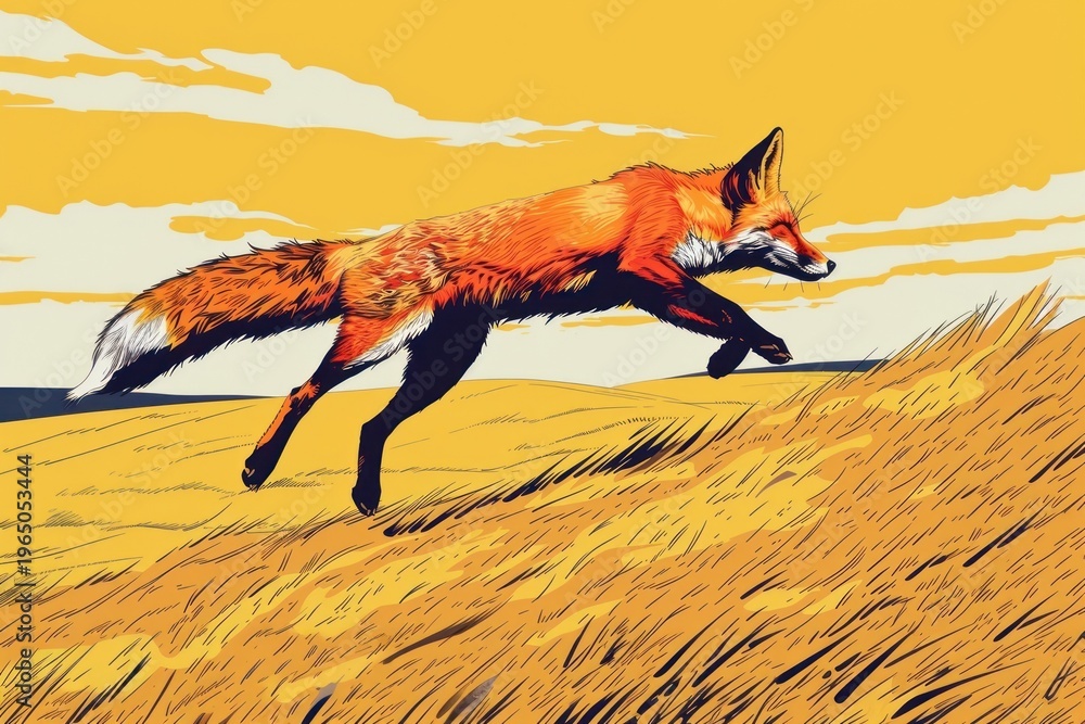 Fototapeta premium Red furry fox in a jump for prey in a dry yellow field in the style of graphic novel cartoon animal mammal.