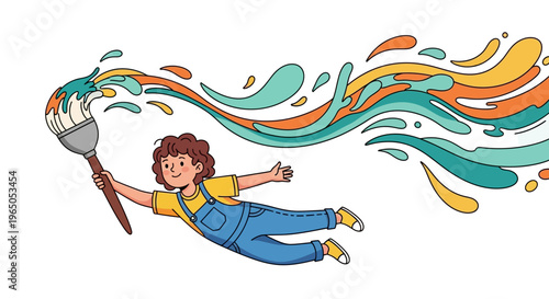 Child painting with a large brush, creating colorful abstract shapes and swirls