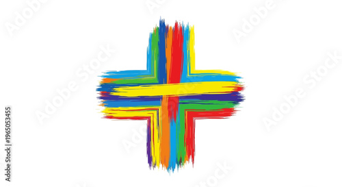 Rainbow paint brush strokes forming a plus sign on white background