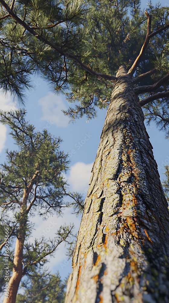 Fototapeta premium Majestic pine tree reaching high into a beautiful blue sky with clouds