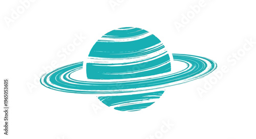 Stylized turquoise planet with rings, abstract space illustration, white background