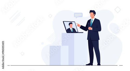 Businessman presenting online meeting on laptop, virtual conference, digital communication