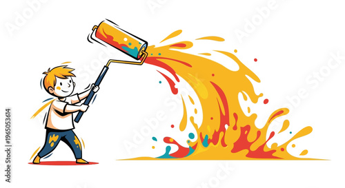 Child painting with roller, splashing yellow and orange paint creatively