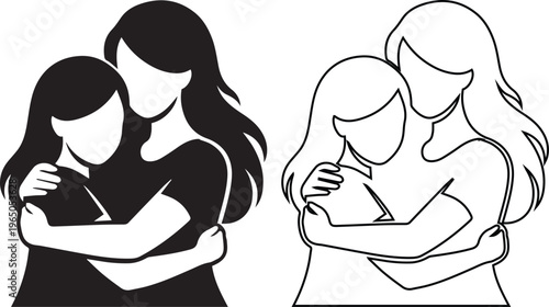 minimalist vector set of a mother and daughter embracing in a warm hug, featuring both a solid black silhouette and a line art outline for family and love themes.
