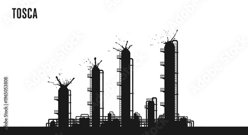 Oil Refinery Silhouette, Industrial Plant, Petrochemical Factory Towers, Black and White