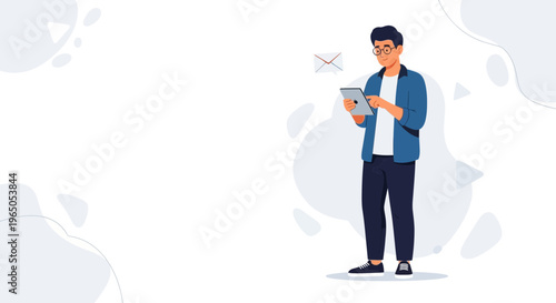 Man using tablet, receiving email notification, modern flat design, digital communication