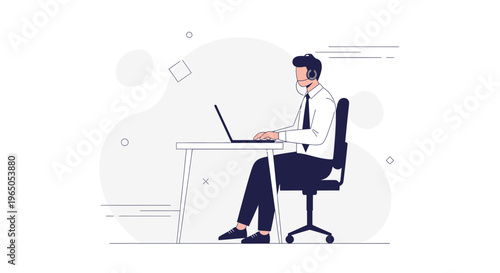 Man in headset working on laptop at desk, minimalist illustration