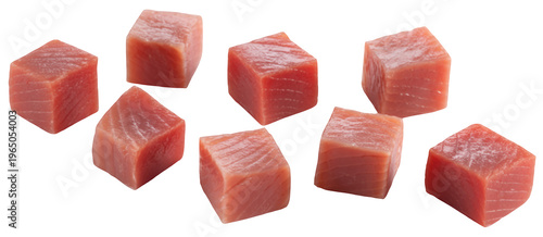 Raw salmon cubes fish seafood isolated on a transparent background