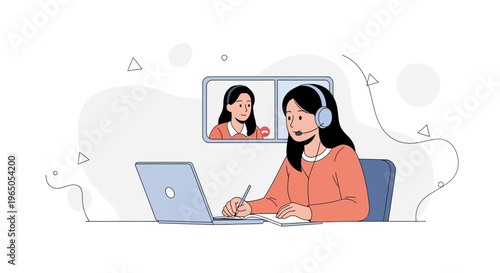 Woman in video call with headset, working on laptop, online communication concept