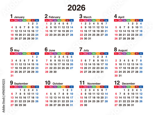 2026 calendar yearly full year vector annual