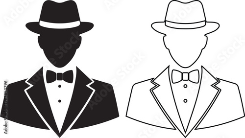 minimalist vector set of a gentleman in a classic tuxedo and fedora hat, featuring solid black silhouette and line art outline styles for vintage branding and luxury design.