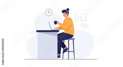 Person working on laptop with coffee at desk, clock on wall