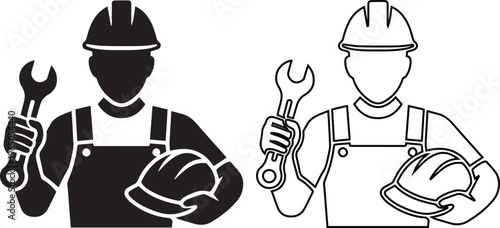 minimalist vector set featuring a construction worker holding a wrench and a safety hard hat, shown in solid black silhouette and line art outline for repair services.