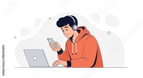 Young man with headphones using laptop and smartphone, modern illustration
