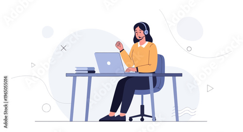 Customer service operator with headset and laptop, working at desk