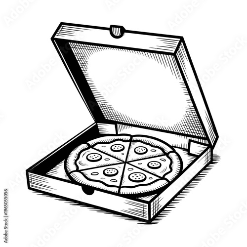 A pizza illustration in a black and white open box
