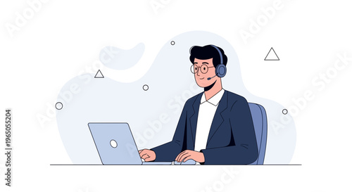 Customer service agent with headset and laptop, online support, flat illustration