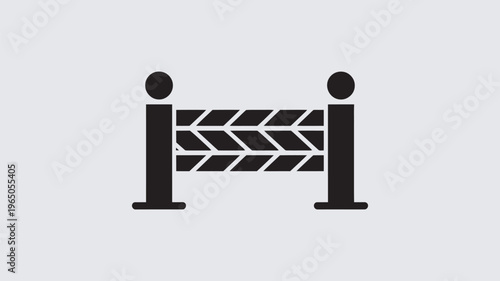 A black and white icon features a sturdy barrier with two panels of diagonal chevron stripes between two posts, signifying a robust security or crowd control measure.