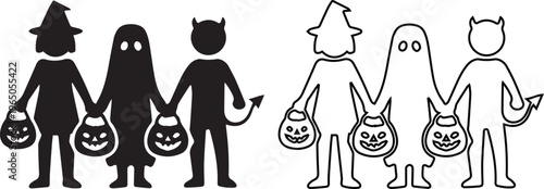 minimalist vector set of three children in Halloween costumes including a witch, ghost, and devil, shown in solid black silhouette and line art outline styles.